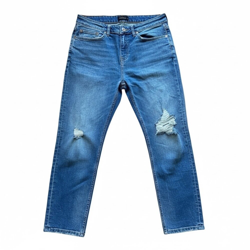 Frank and Oak Iggy High Rise Taper Distressed Busted Knee Cropped Jeans Size 30